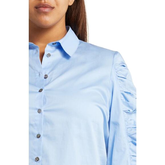 Harshman “Juliana” Ruched Sleeve Cotton Button-Front Shirt in Blue – NWT – XS - Picture 10 of 10